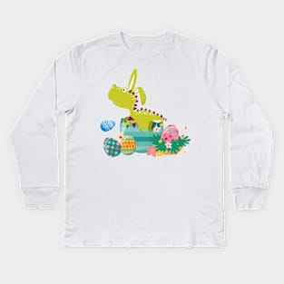 Dinosaur T-Rex Bunny Easter Egg Funny Gift For Boys Kids Long Sleeve T-Shirt